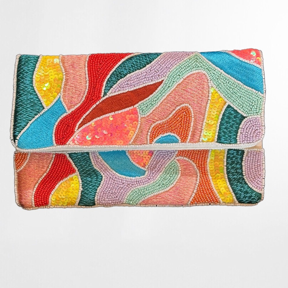Colorful Hand Beaded Retro Print Clutch